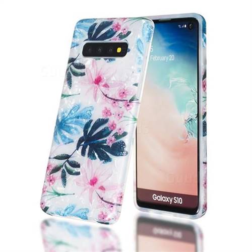 Flowers and Leaves Shell Pattern Clear Bumper Glossy Rubber Silicone Phone Case for Samsung Galaxy S10 Plus(6.4 inch)