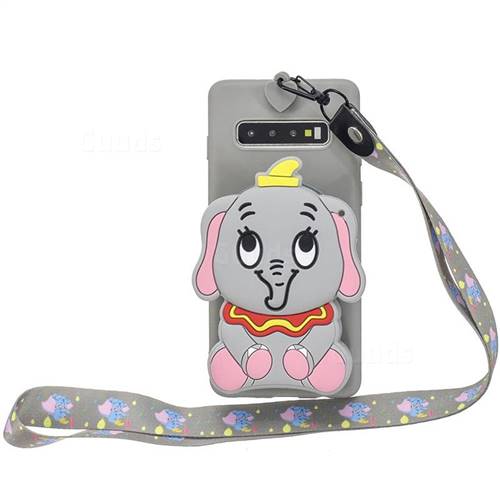 Gray Elephant Neck Lanyard Zipper Wallet Silicone Case for Samsung Galaxy S10 Plus(6.4 inch)