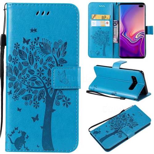 Embossing Butterfly Tree Leather Wallet Case for Samsung Galaxy S10 Plus(6.4 inch) - Blue