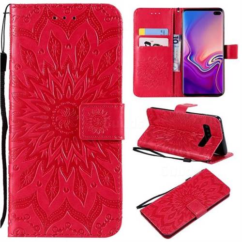 Embossing Sunflower Leather Wallet Case for Samsung Galaxy S10 Plus(6.4 inch) - Red