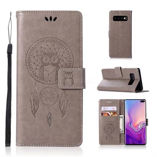Intricate Embossing Owl Campanula Leather Wallet Case for Samsung Galaxy S10 Plus(6.4 inch) - Grey