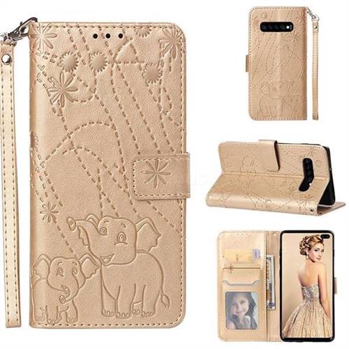 Embossing Fireworks Elephant Leather Wallet Case for Samsung Galaxy S10 Plus(6.4 inch) - Golden