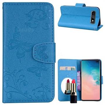 Embossing Butterfly Morning Glory Mirror Leather Wallet Case for Samsung Galaxy S10 Plus(6.4 inch) - Blue