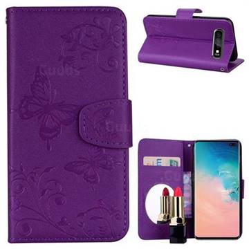 Embossing Butterfly Morning Glory Mirror Leather Wallet Case for Samsung Galaxy S10 Plus(6.4 inch) - Purple