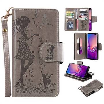 Embossing Cat Girl 9 Card Leather Wallet Case for Samsung Galaxy S10 Plus(6.4 inch) - Gray