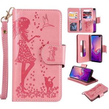 Embossing Cat Girl 9 Card Leather Wallet Case for Samsung Galaxy S10 Plus(6.4 inch) - Pink