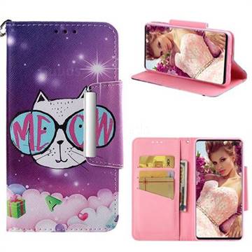 Glasses Cat Big Metal Buckle PU Leather Wallet Phone Case for Samsung Galaxy S10 Plus(6.4 inch)