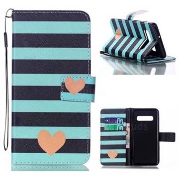 Blue Stripe Heart Leather Wallet Phone Case for Samsung Galaxy S10 Plus(6.4 inch)