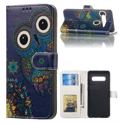 Folk Owl 3D Relief Oil PU Leather Wallet Case for Samsung Galaxy S10 Plus(6.4 inch)