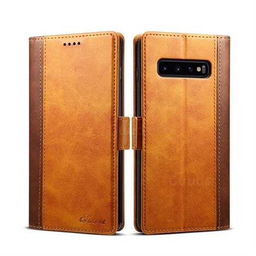 Suteni Calf Stripe Dual Color Leather Wallet Flip Case for Samsung Galaxy S10 Plus(6.4 inch) - Khaki