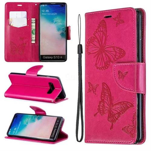 Embossing Double Butterfly Leather Wallet Case for Samsung Galaxy S10 Plus(6.4 inch) - Red