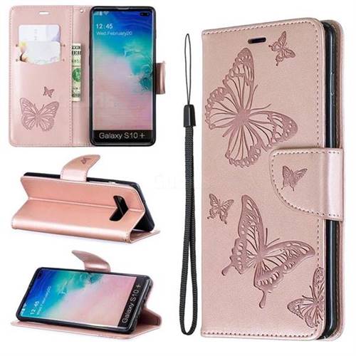 Embossing Double Butterfly Leather Wallet Case for Samsung Galaxy S10 Plus(6.4 inch) - Rose Gold
