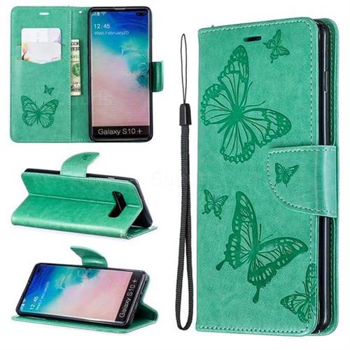 Embossing Double Butterfly Leather Wallet Case for Samsung Galaxy S10 Plus(6.4 inch) - Green