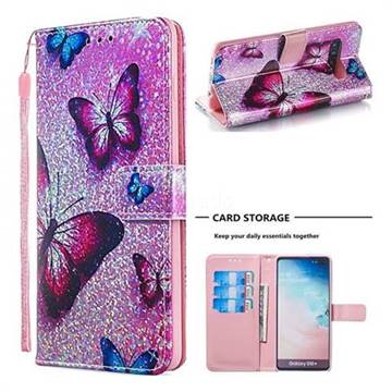 Blue Butterfly Sequins Painted Leather Wallet Case for Samsung Galaxy S10 Plus(6.4 inch)