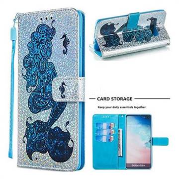 Mermaid Seahorse Sequins Painted Leather Wallet Case for Samsung Galaxy S10 Plus(6.4 inch)