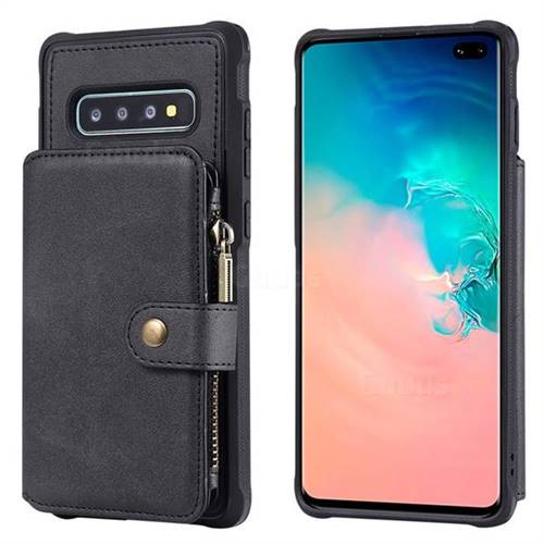 Retro Luxury Multifunction Zipper Leather Phone Back Cover for Samsung Galaxy S10 Plus(6.4 inch) - Black