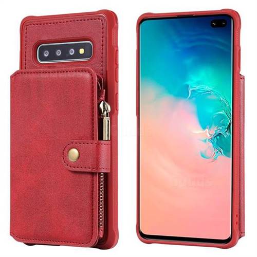 Retro Luxury Multifunction Zipper Leather Phone Back Cover for Samsung Galaxy S10 Plus(6.4 inch) - Red