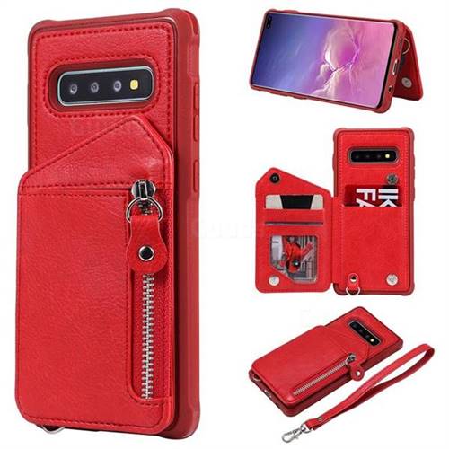 Classic Luxury Buckle Zipper Anti-fall Leather Phone Back Cover for Samsung Galaxy S10 Plus(6.4 inch) - Red