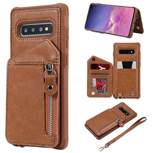 Classic Luxury Buckle Zipper Anti-fall Leather Phone Back Cover for Samsung Galaxy S10 Plus(6.4 inch) - Brown
