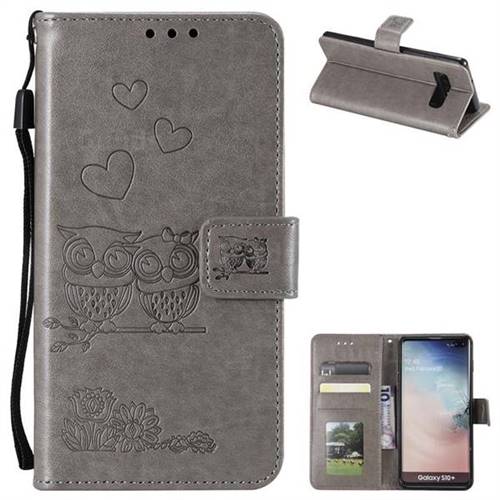 Embossing Owl Couple Flower Leather Wallet Case for Samsung Galaxy S10 Plus(6.4 inch) - Gray