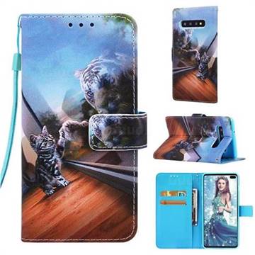 Mirror Cat Matte Leather Wallet Phone Case for Samsung Galaxy S10 Plus(6.4 inch)