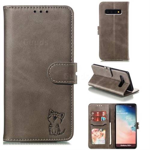Embossing Happy Cat Leather Wallet Case for Samsung Galaxy S10 Plus(6.4 inch) - Gray