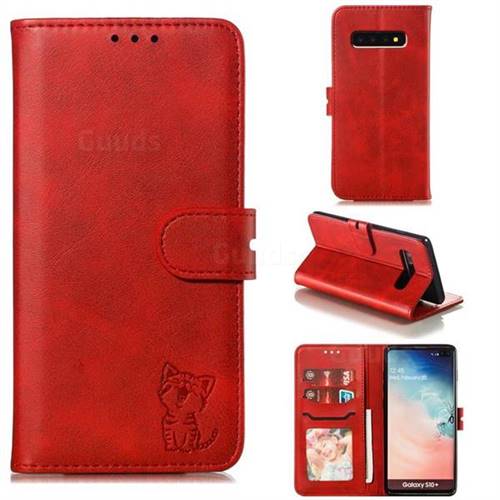 Embossing Happy Cat Leather Wallet Case for Samsung Galaxy S10 Plus(6.4 inch) - Red