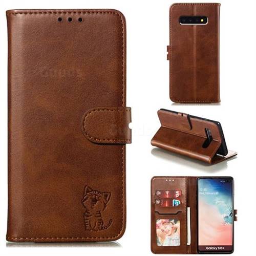 Embossing Happy Cat Leather Wallet Case for Samsung Galaxy S10 Plus(6.4 inch) - Brown