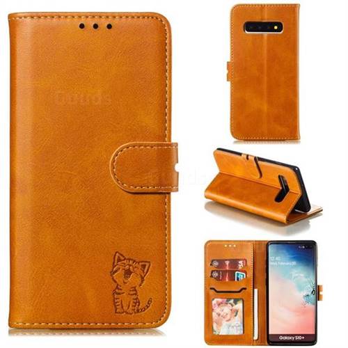 Embossing Happy Cat Leather Wallet Case for Samsung Galaxy S10 Plus(6.4 inch) - Yellow