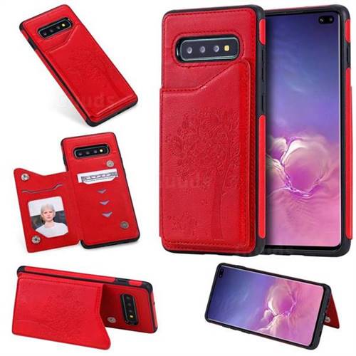 Luxury Tree and Cat Multifunction Magnetic Card Slots Stand Leather Phone Back Cover for Samsung Galaxy S10 Plus(6.4 inch) - Red