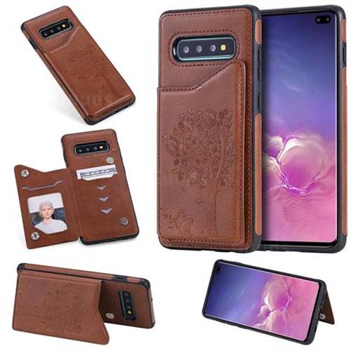 Luxury Tree and Cat Multifunction Magnetic Card Slots Stand Leather Phone Back Cover for Samsung Galaxy S10 Plus(6.4 inch) - Brown