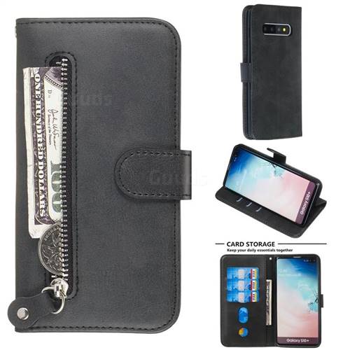 Retro Luxury Zipper Leather Phone Wallet Case for Samsung Galaxy S10 Plus(6.4 inch) - Black