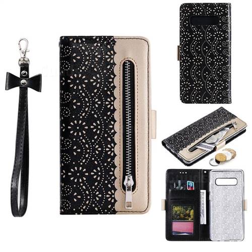 Luxury Lace Zipper Stitching Leather Phone Wallet Case for Samsung Galaxy S10 Plus(6.4 inch) - Black