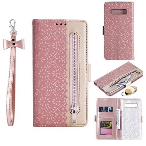 Luxury Lace Zipper Stitching Leather Phone Wallet Case for Samsung Galaxy S10 Plus(6.4 inch) - Pink