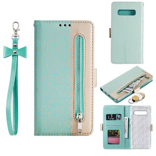 Luxury Lace Zipper Stitching Leather Phone Wallet Case for Samsung Galaxy S10 Plus(6.4 inch) - Green