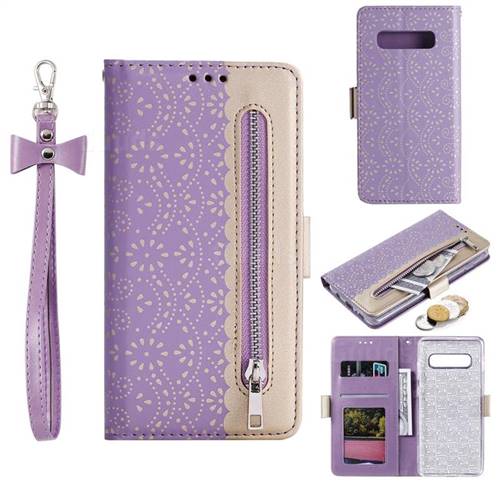 Luxury Lace Zipper Stitching Leather Phone Wallet Case for Samsung Galaxy S10 Plus(6.4 inch) - Purple