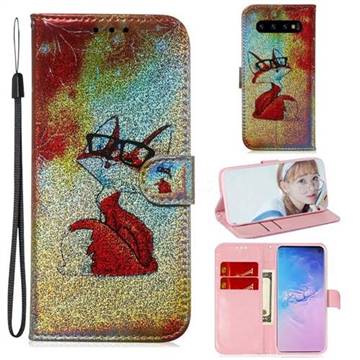 Glasses Fox Laser Shining Leather Wallet Phone Case for Samsung Galaxy S10 Plus(6.4 inch)