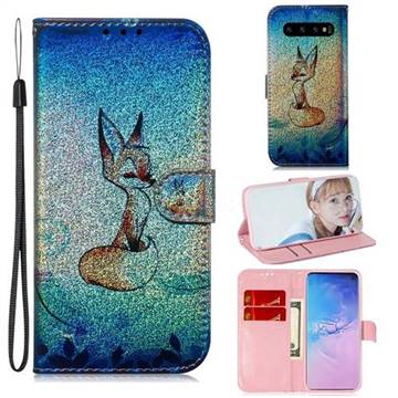 Cute Fox Laser Shining Leather Wallet Phone Case for Samsung Galaxy S10 Plus(6.4 inch)