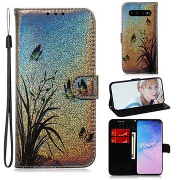 Butterfly Orchid Laser Shining Leather Wallet Phone Case for Samsung Galaxy S10 Plus(6.4 inch)