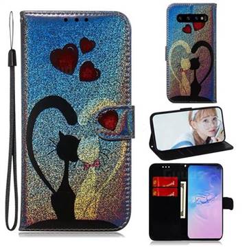 Love Cat Laser Shining Leather Wallet Phone Case for Samsung Galaxy S10 Plus(6.4 inch)
