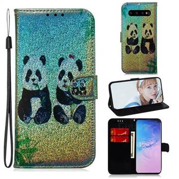 Two Pandas Laser Shining Leather Wallet Phone Case for Samsung Galaxy S10 Plus(6.4 inch)