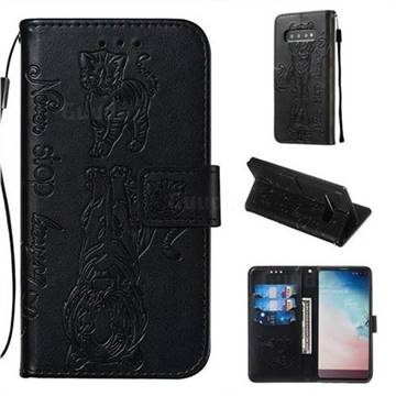 Embossing Tiger and Cat Leather Wallet Case for Samsung Galaxy S10 Plus(6.4 inch) - Black