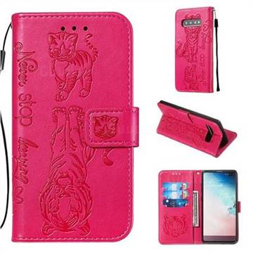 Embossing Tiger and Cat Leather Wallet Case for Samsung Galaxy S10 Plus(6.4 inch) - Rose