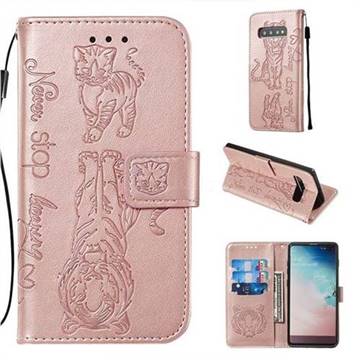 Embossing Tiger and Cat Leather Wallet Case for Samsung Galaxy S10 Plus(6.4 inch) - Rose Gold