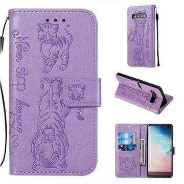 Embossing Tiger and Cat Leather Wallet Case for Samsung Galaxy S10 Plus(6.4 inch) - Lavender