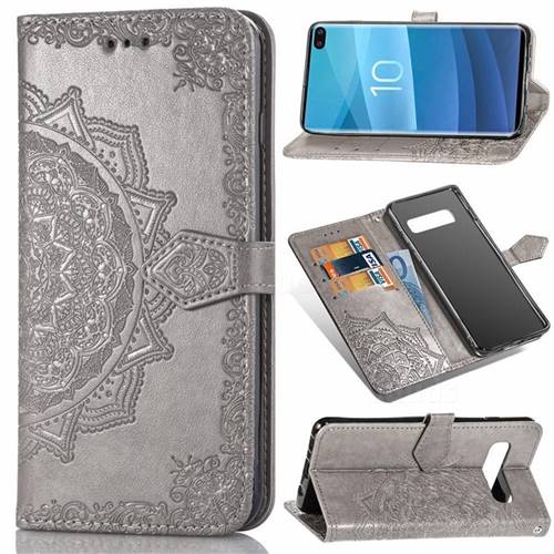 Embossing Imprint Mandala Flower Leather Wallet Case for Samsung Galaxy S10 Plus(6.4 inch) - Gray