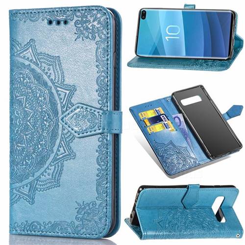 Embossing Imprint Mandala Flower Leather Wallet Case for Samsung Galaxy S10 Plus(6.4 inch) - Blue