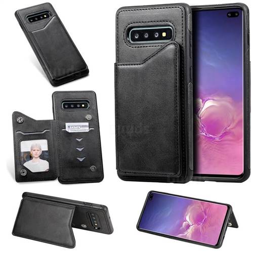 Luxury Multifunction Magnetic Card Slots Stand Calf Leather Phone Back Cover for Samsung Galaxy S10 Plus(6.4 inch) - Black