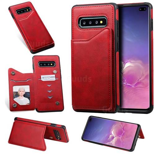 Luxury Multifunction Magnetic Card Slots Stand Calf Leather Phone Back Cover for Samsung Galaxy S10 Plus(6.4 inch) - Red