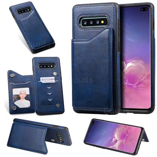 Luxury Multifunction Magnetic Card Slots Stand Calf Leather Phone Back Cover for Samsung Galaxy S10 Plus(6.4 inch) - Blue